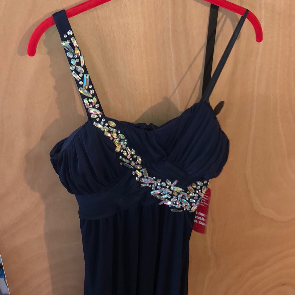 Navy blue formal gown with beading